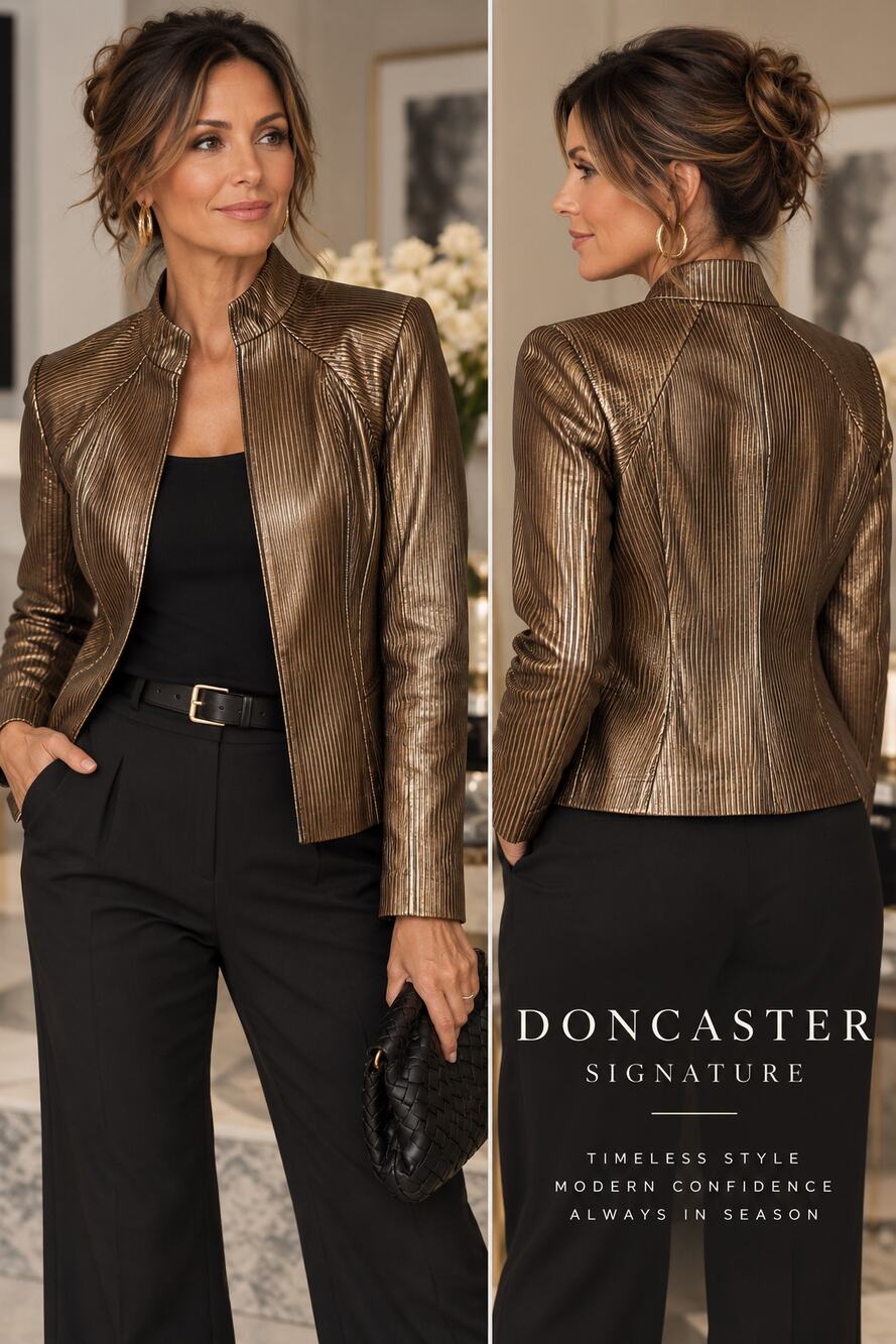 Doncaster Signature Womens 6 Metallic Bronze Leather Jacket Gold Striped